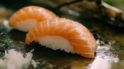 Salmon nigiri, high detail closeup