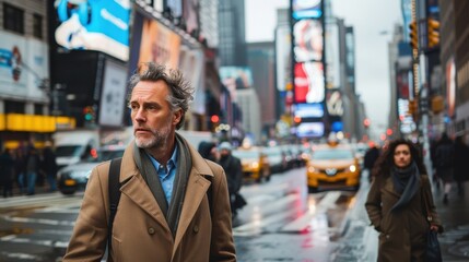Fototapeta premium A man walks thoughtfully through Times Square as yellow taxis pass by