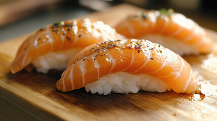 Salmon nigiri, high detail closeup
