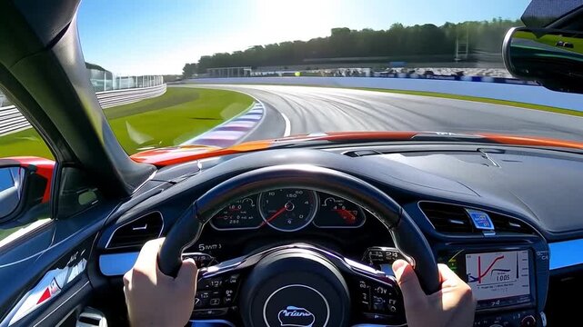First Person POV View Driving a High-Performance Sports Car on a Racetrack - race, track, speed, racing, vehicle, fast, driver

