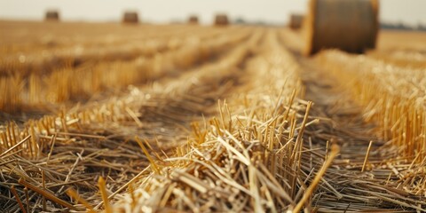 Straw scattered on harvested grain stubble field with bales in the background Shallow focus