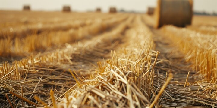 Straw scattered on harvested grain stubble field with bales in the background Shallow focus