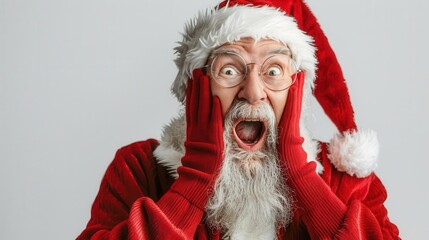 Naklejka premium joyful santa claus expressing surprise and happiness with hands on face excited christmas character portrait studio shot on white