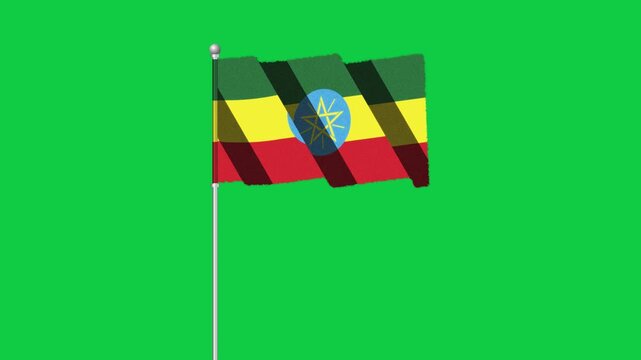 4K ETHIOPIA flag old animation with pole waving on chroma key green screen