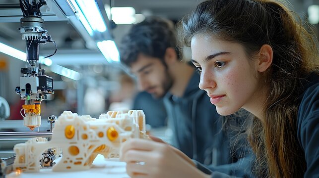 Young woman working with 3D printer.