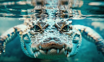 Fototapeta premium Crocodile lurking just below waters surface with eyes and scales visible. Concept Wildlife Photography, Reptiles, Nature, Animal Behavior