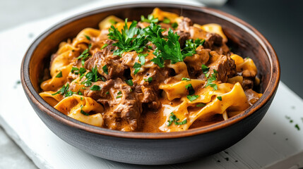Fototapeta premium Traditional Hungarian food Beef Stroganoff with tender beef in a creamy sauce over egg noodles, garnished with fresh parsley.