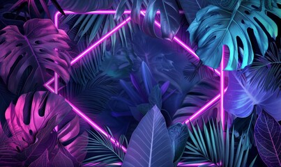 Cyberpunk Background Design. Tropical Leaves with Green and Purple, Hexagon shaped Neon Frame