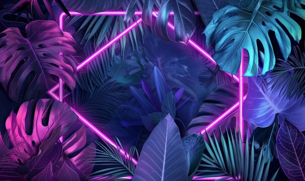 Cyberpunk Background Design. Tropical Leaves with Green and Purple, Hexagon shaped Neon Frame