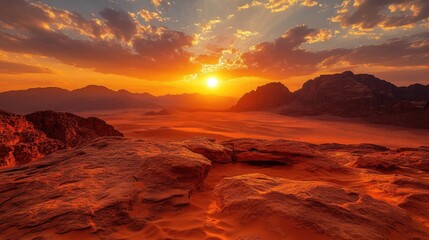 Fototapeta premium Wadi Rum Sunset: Jordan's Valley of the Moon Stone Structures under Sunlight
