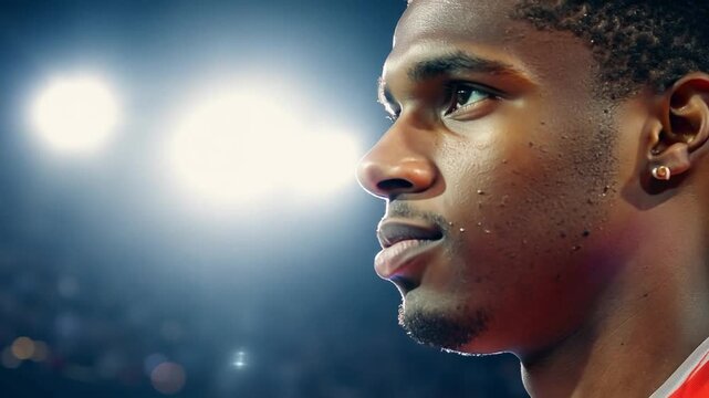 Focused Black Athlete Preparing for Competition Under Bright Lights -  sports, portrait, determined, intensity, male
