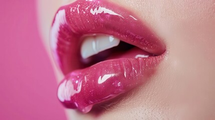 luscious pink lips with glossy liquid lipstick closeup beauty portrait