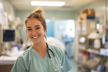 Fototapeta premium Young Confident Female Student Smiling in Medical Facility During Clinical Practice Hours