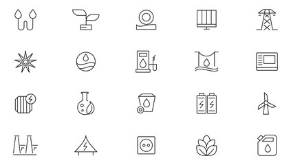 Green energy line icon set. CO2 neutral, zero waste, use car, green energy, recyclable, battery, eco, sustainable, solar panel, energy outline icon collection. UI thin line icon pack. 