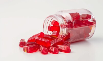 Red gummy candy in plastic bottle on white background.