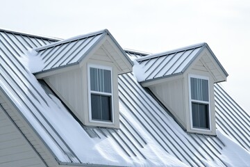 Fototapeta premium Snow Metal Roof. Alpine Attic Roof of House with Cold Spring Thaw