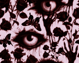 Gothic style seamless pattern with soft blurry roses bouquet, human eyes, butterflies, zombie hand. Halloween themed graphic print for clothing, fabric, wallpaper, home decor, wrapping paper in dark