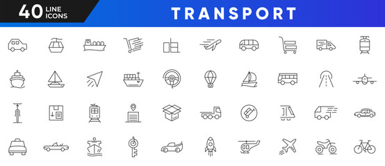 Transport line icon set. Containing car, bike, plane, train, bicycle, motorbike, bus, scooter, box, electric, rocket, run, ship, cable outline icon collection. UI thin line icon pack. 