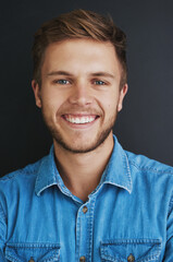 Fototapeta premium Wall background, happy and portrait of business man with confidence, pride and ambition. Corporate worker, professional and face of person with positive attitude for career, company and job in studio