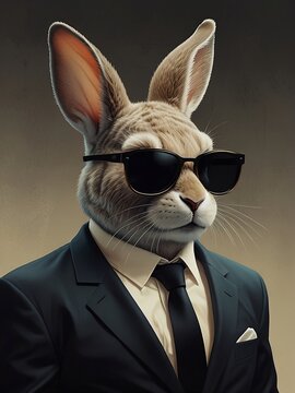 Stylish Rebel: Anthropomorphic Sleek Rabbit in Black Suit and Sunglasses
