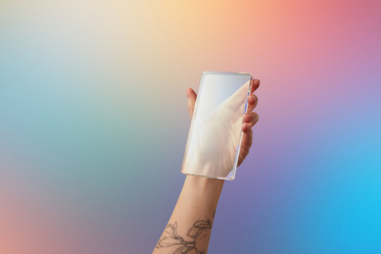 Digital tablet with futuristic design on blurred studio background