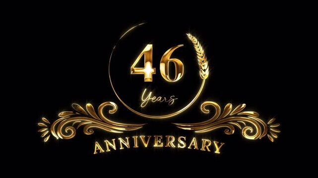 46th Anniversary Celebration. Happy 46 Years Anniversary Animation in Gold Color on the Transparent Background, Alpha Channel. Great for greetings, celebrations, events, and gifts.