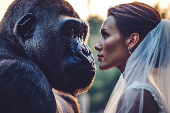 Beautiful Young Bride Gazing into the Eyes of Her Gorilla Groom in Captivating Wedding Scene