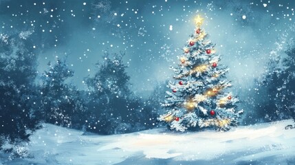 Fototapeta premium Magic Christmas tree with garland and golden star on blue snowy background, watercolor illustration. Horizontal banner, Copy space. Merry Christmas. Happy New Year. Holiday season, Copy space