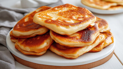 Traditional Russian food Oladyi. Golden-brown, fluffy pancakes stacked on a plate, with a crisp exterior and soft, airy interior.