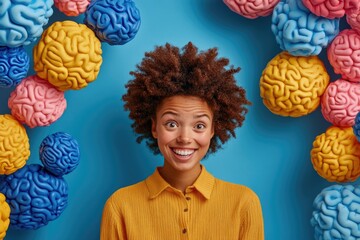 Colorful Brain Models Hovering in the Air with Smiling Woman - Concept of Creativity, Intelligence, and Mental Health