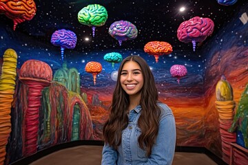Colorful Brain Models Hovering in Surreal Space-Themed Room with Smiling Woman in Denim Jacket