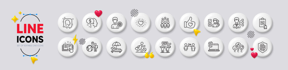 Group people, Opinion and Technical documentation line icons. White buttons 3d icons. Pack of Outsource work, Pay, Head icon. Like hand, Support, Social distancing pictogram. Vector