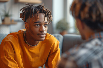 A young man in therapy talking to his psychotherapist during a session