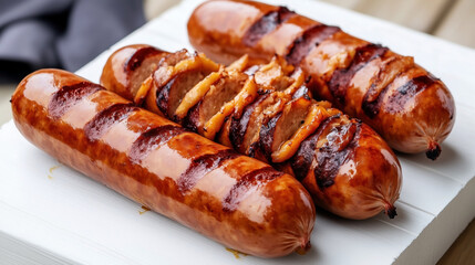 Traditional German food Bratwurst. The image shows grilled sausages with charred grill marks. One sausage is partially sliced and topped with what appears to be cooked onions.