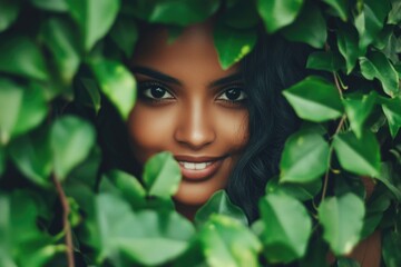 Fototapeta premium Portrait of a Woman in Nature Surrounded by Lush Green Leaves