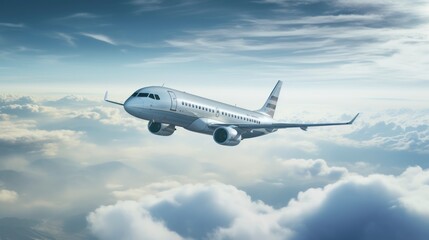 Obraz premium Commercial airplane flying above clouds in the blue sky.