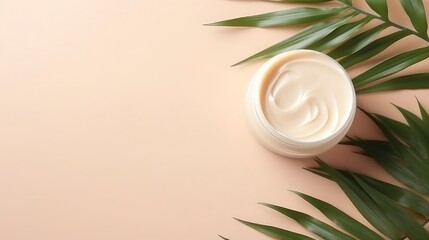 Jar of body cream and palm leaf on color background, top view