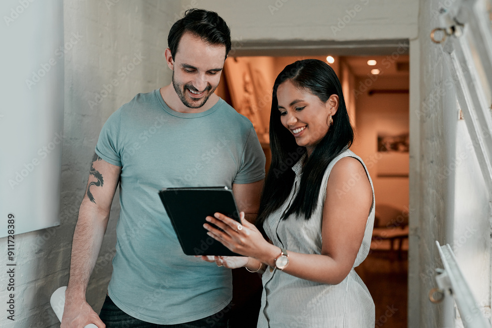Poster Woman, man and tablet for architecture in office with reading, smile and review on app for design. People, teamwork and check with inspection, blueprint or excited for progress with property project