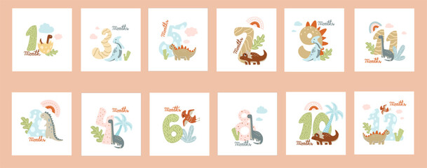 Baby month anniversary collection for a newborn. Baby milestone set cards for newborn with a cute dinosaurs and rainbow. Babyshower print element in soft pastel shades