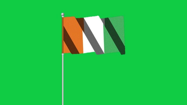 4K IVORY COAST flag old animation with pole waving on chroma key green screen