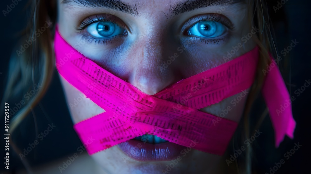 Wall mural close-up of woman blue eyes with pink tape in a striking composition