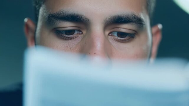 Extreme closeup of an IT support spets eyes intently scanning a complex technical manual for troubleshooting instructions.