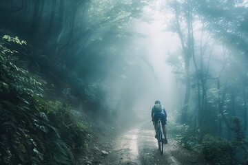Obraz premium ethereal cyclist navigating misty mountain trail luminous forest backdrop soft sunbeams filtering through trees dreamy atmosphere pastel color palette