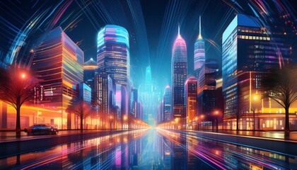 Neon Skyline Reflections - A futuristic metropolis pulses with vibrant energy, its towering skyscrapers ablaze in a symphony of neon lights reflecting off rain-slicked streets. 