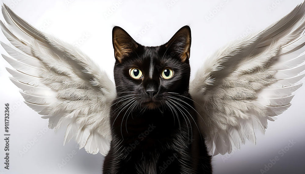 Poster a black cat with white angel wings isolated on a transparent background – a whimsical image_1(2)