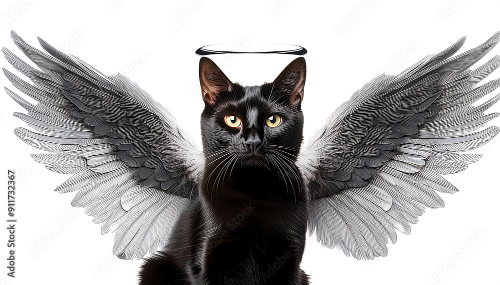 Poster a black cat with white angel wings isolated on a transparent background – a whimsical image_1(3)