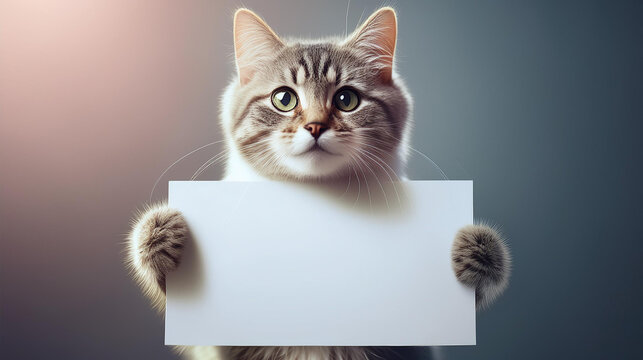 Cat Holding a Blank Sign, Isolated Promotional Marketing Graphic Resource