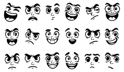 A set of vector expressions of cartoon faces, various emotions in black and white