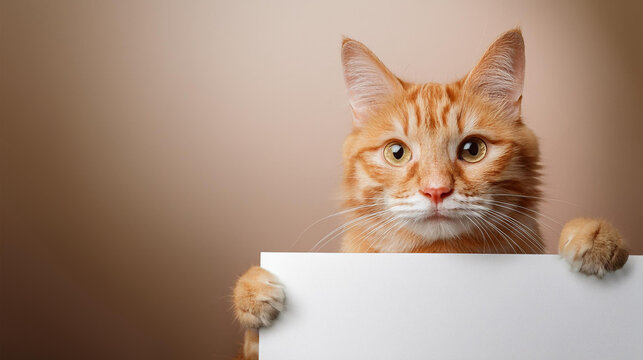 Orange Cat Holding a Blank Sign, Isolated Promotional Marketing Graphic Resource