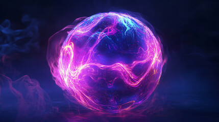 Obraz premium Futuristic abstract neon energy ball with glowing magical waves on dark background